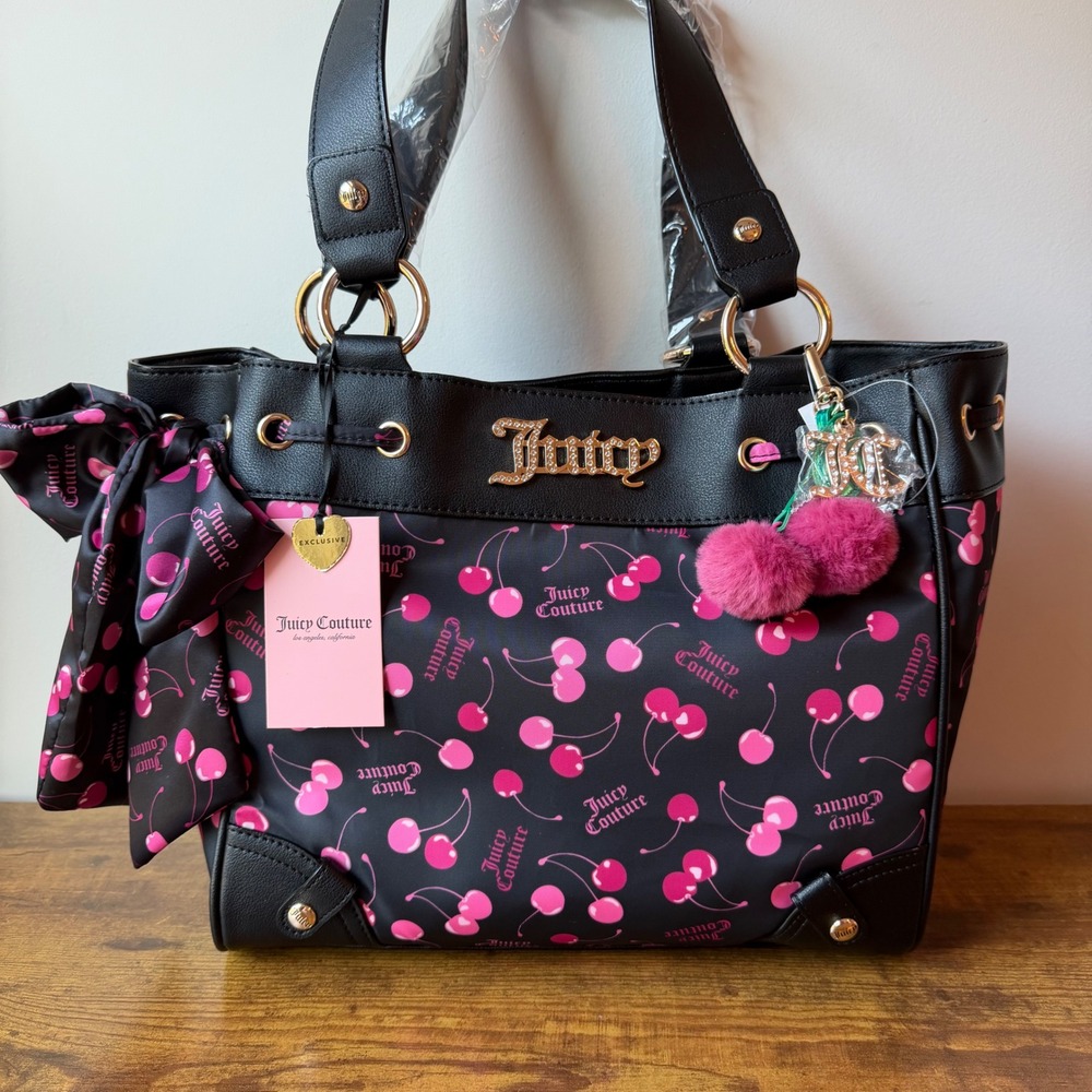 New Juicy Couture Sweet Cherry Pink Black Daydreamer Tote Handbag Fruit Summer